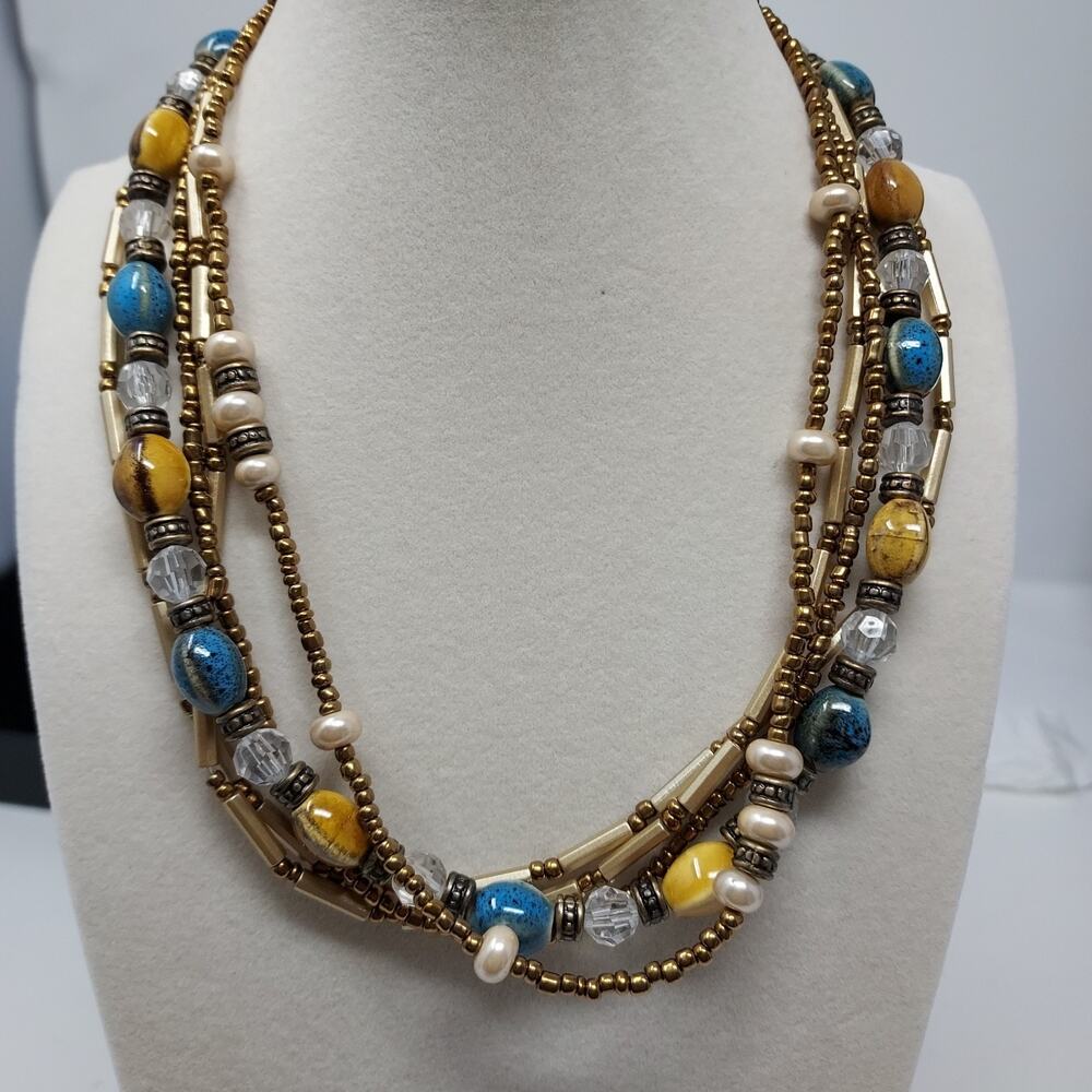 Premier Designs 5 Strand Necklace Stone Glass Gold Blue Beaded Adj to 19" Signed